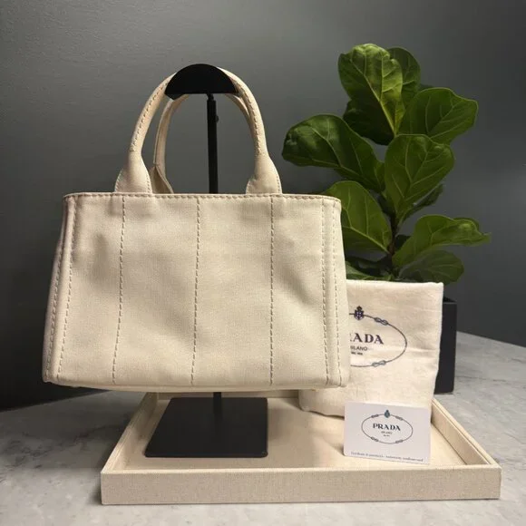 Prada Small White Canapa Logo Tote w/ Strap & Authenticity Certificate Card - Picture 4 of 16